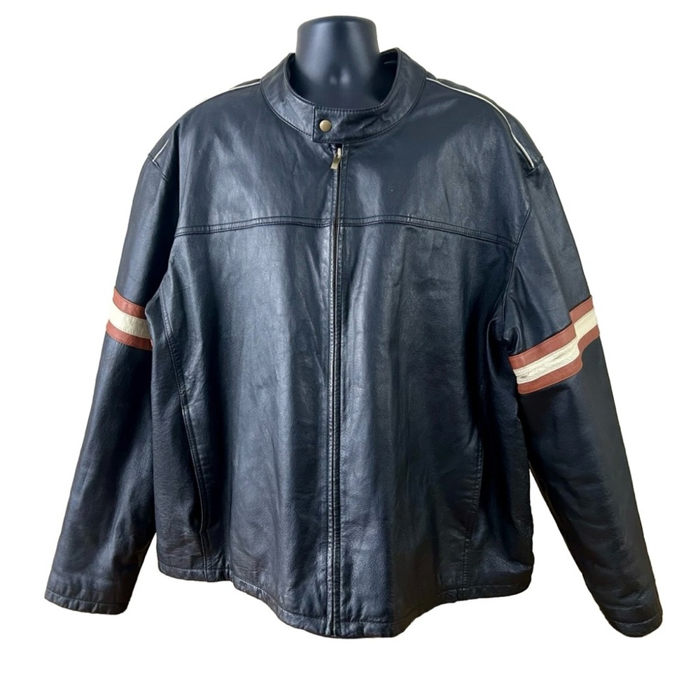 Men's Classic Black Leather Motorcycle Jacket with Striped Sleeves Sz 3XL